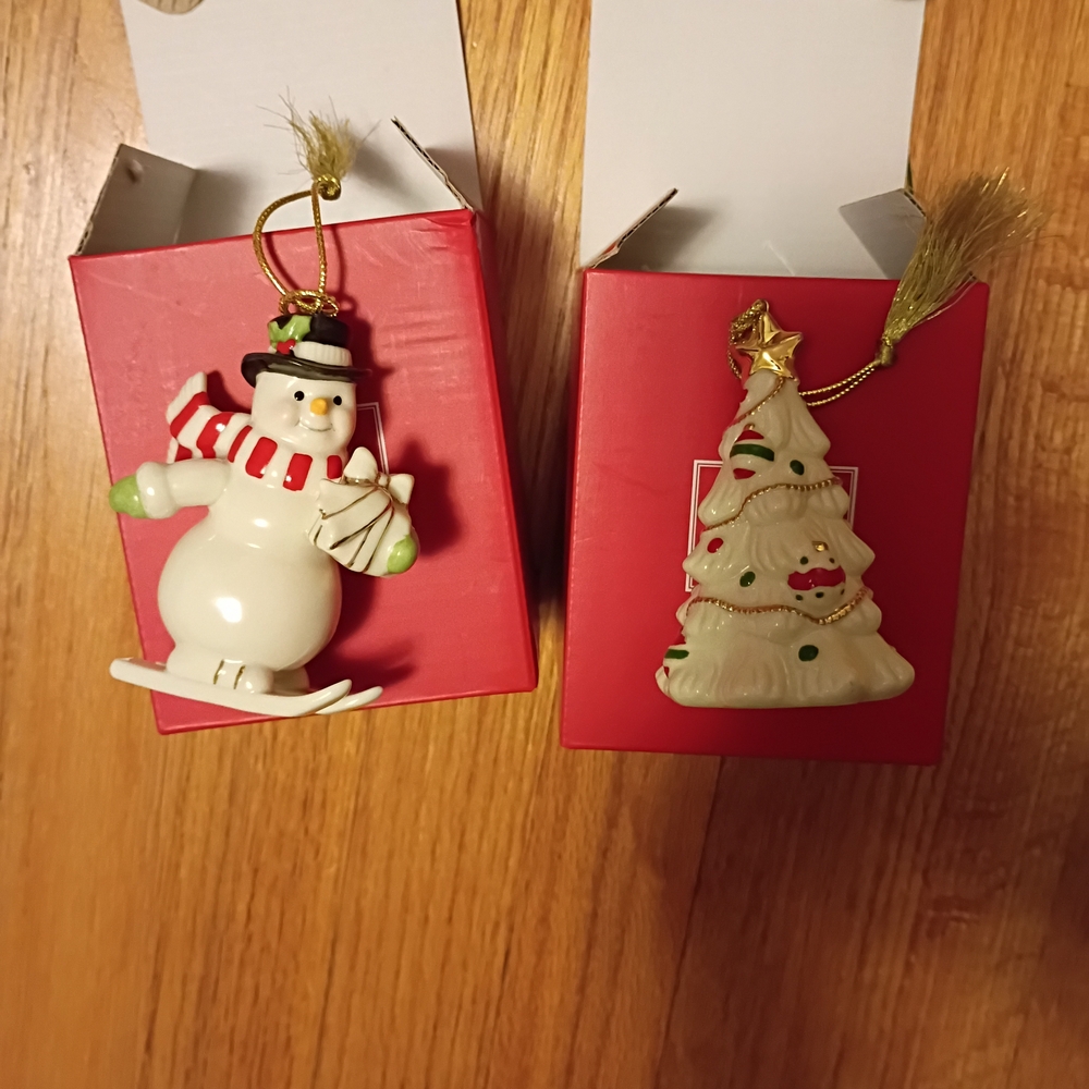 Lenox White Snowman and Christmas Tree Ornaments